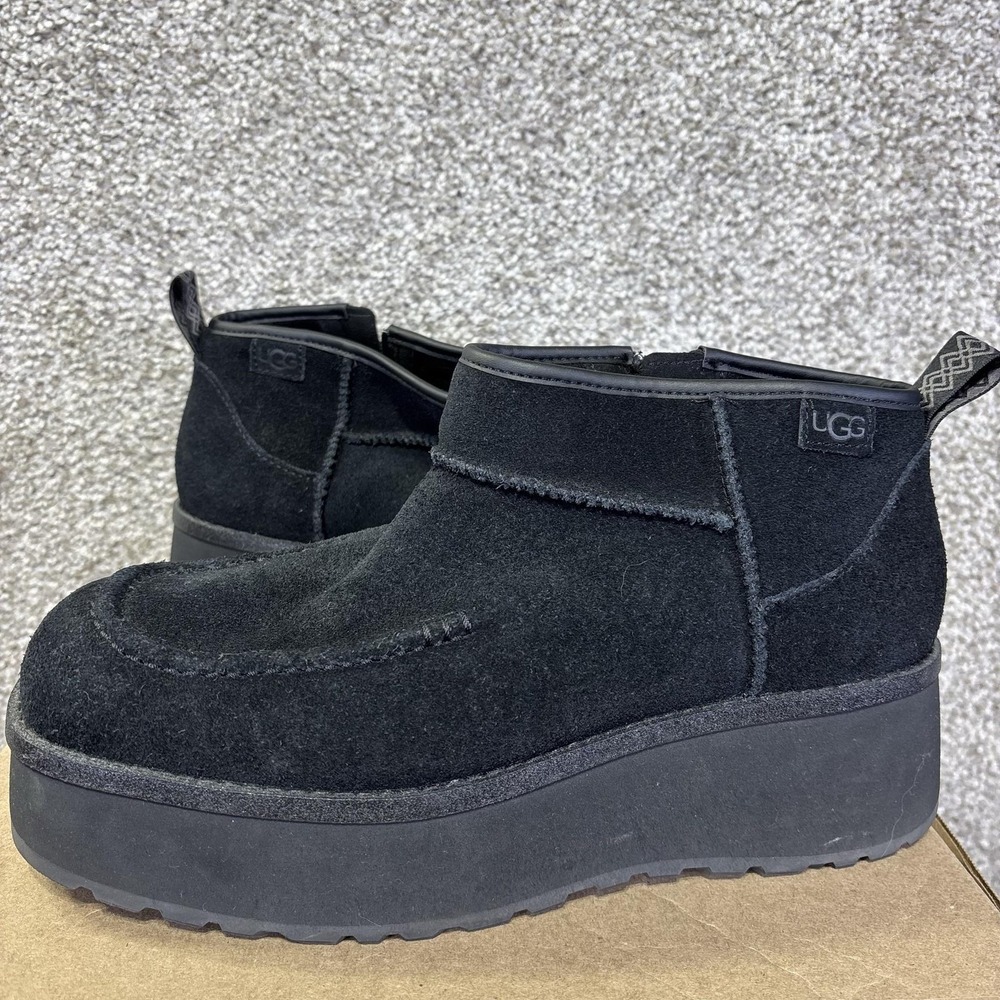UGG Platform Boots Womens Size 9 Black Suede‎ Ankle Side Zip Lined Winter Casual